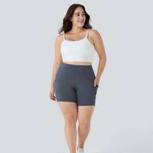 A16 Women's High Waisted Side Pocket Yoga Biker Shorts 6" Size 1X Steel Blue